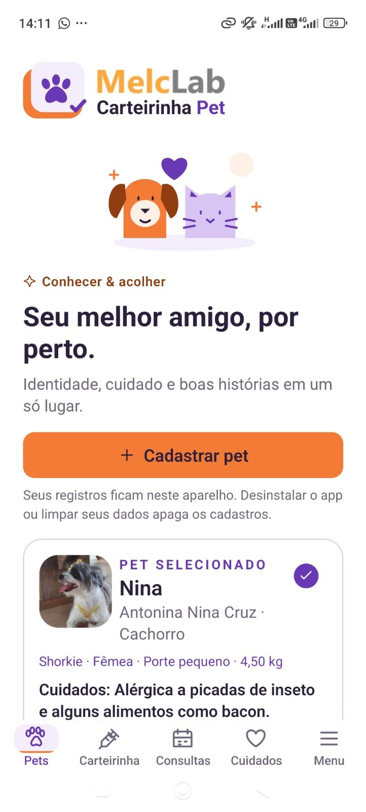 Tela de pets com o perfil selecionado e informações de cuidado