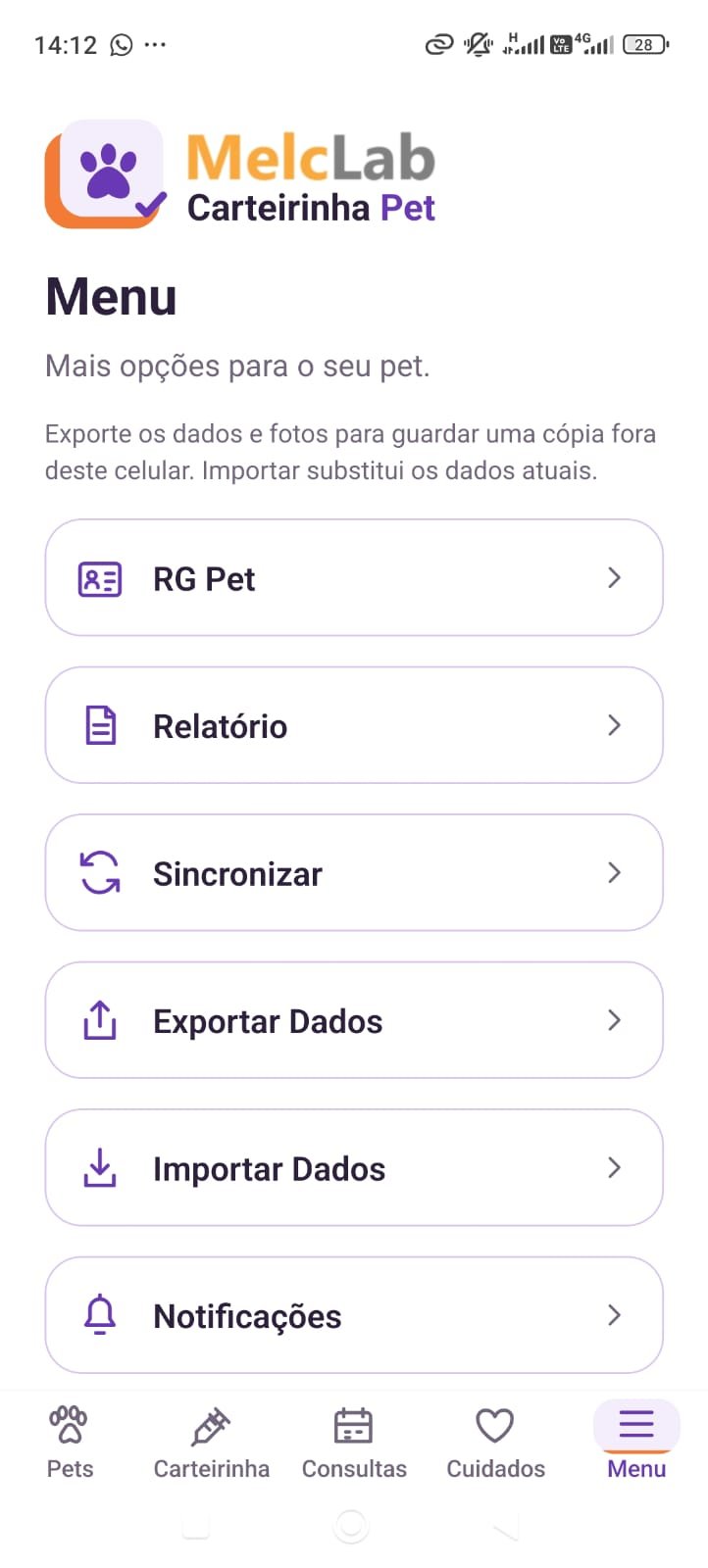 Menu com relatórios, sincronização, backup e notificações