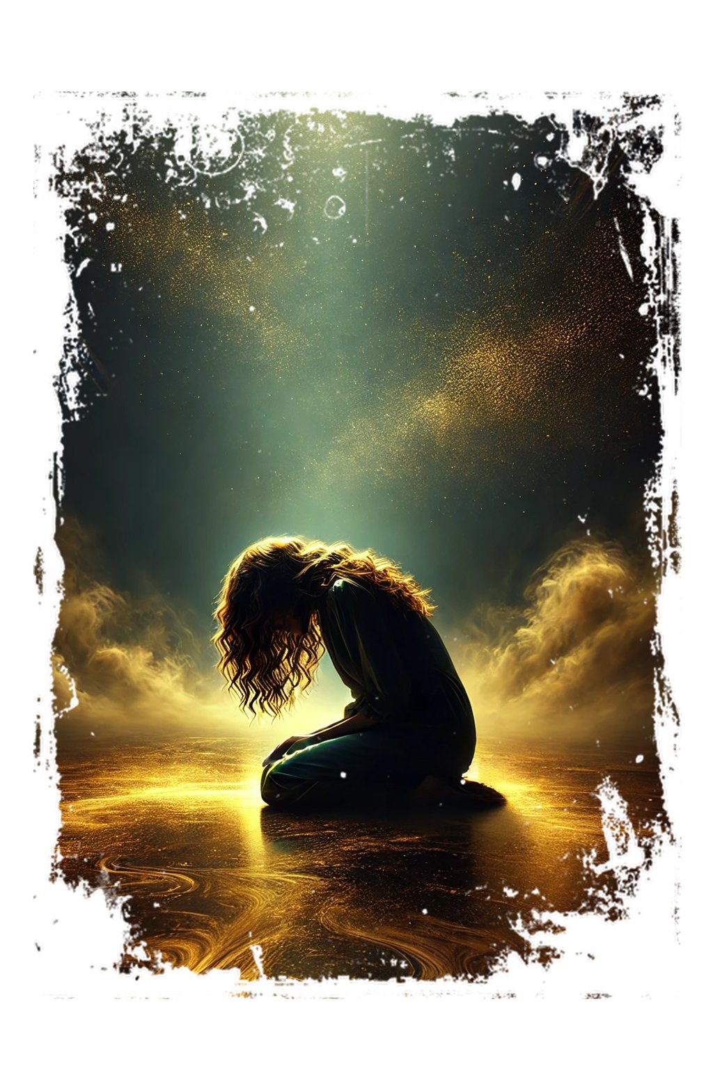 Ilustração de Despertar Onírico: uma mulher ajoelhada sob uma luz dourada.