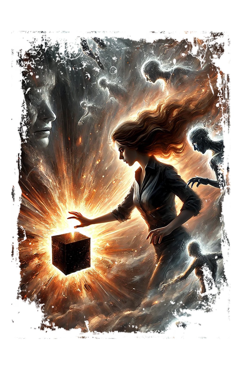 Ilustração de Despertar Onírico: uma mulher diante de um cubo negro envolto em luz.