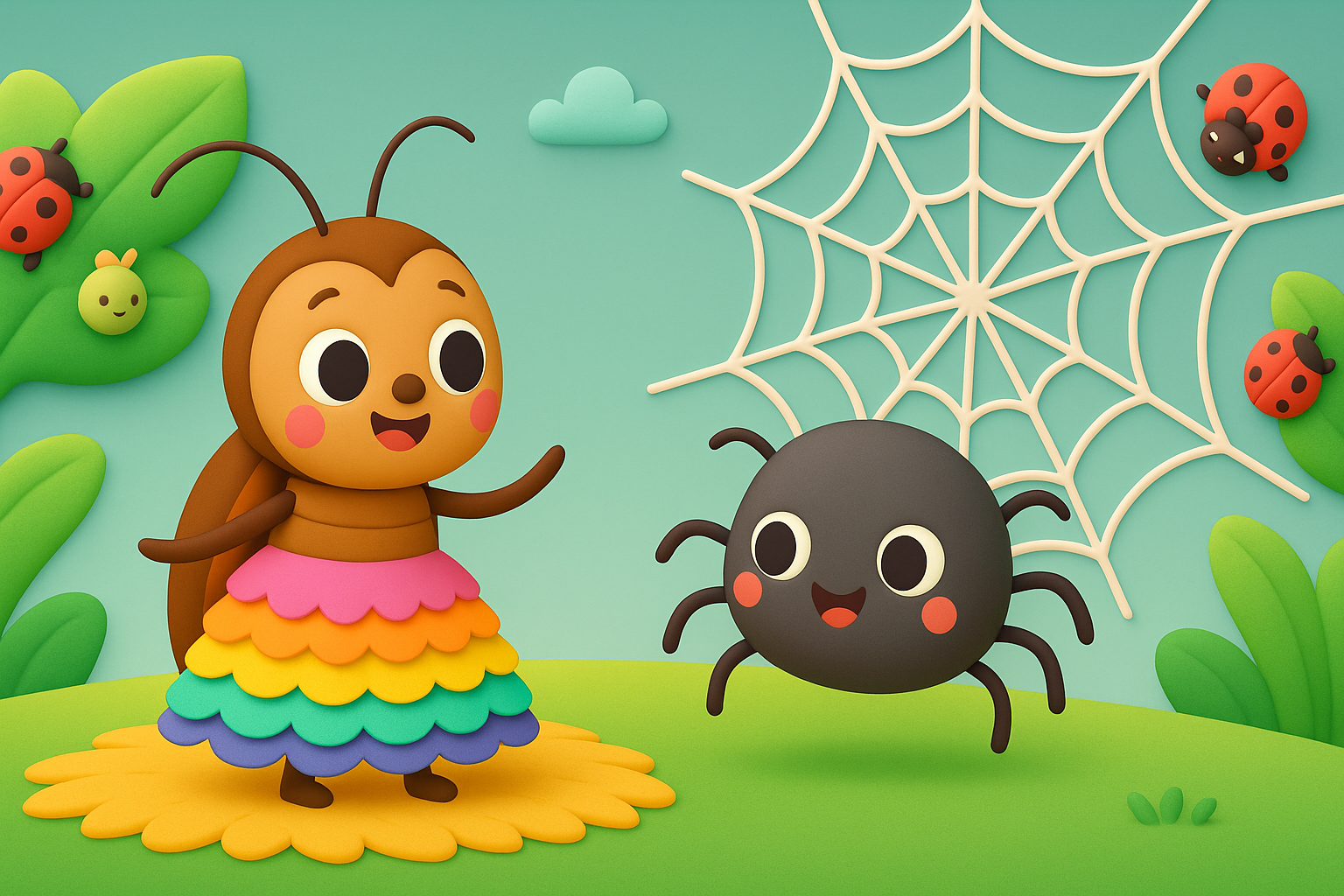 Personagens de insetos com uma aranha e sua teia, em cenário com estética de massinha.