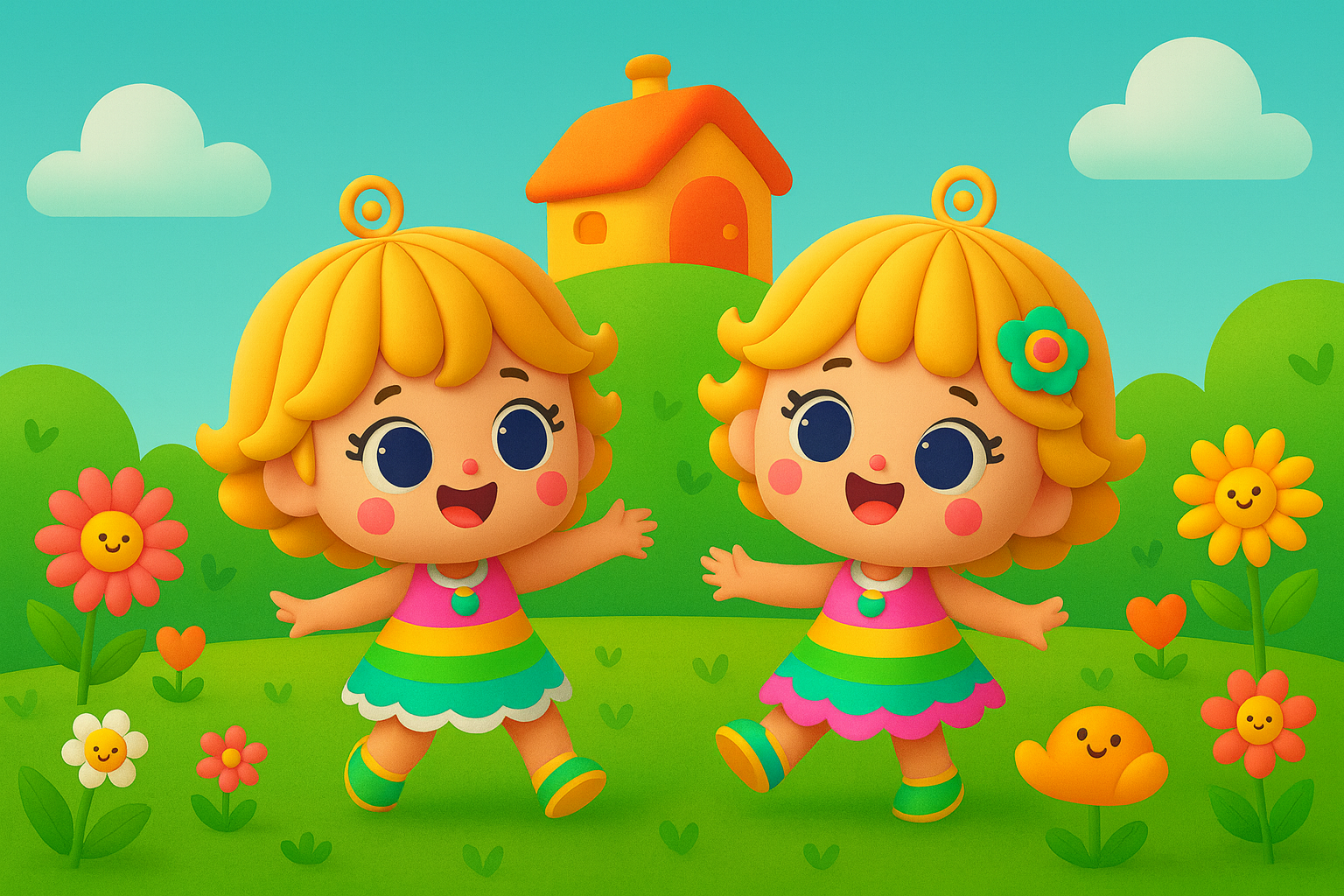 Duas personagens com vestidos coloridos em um jardim com flores.