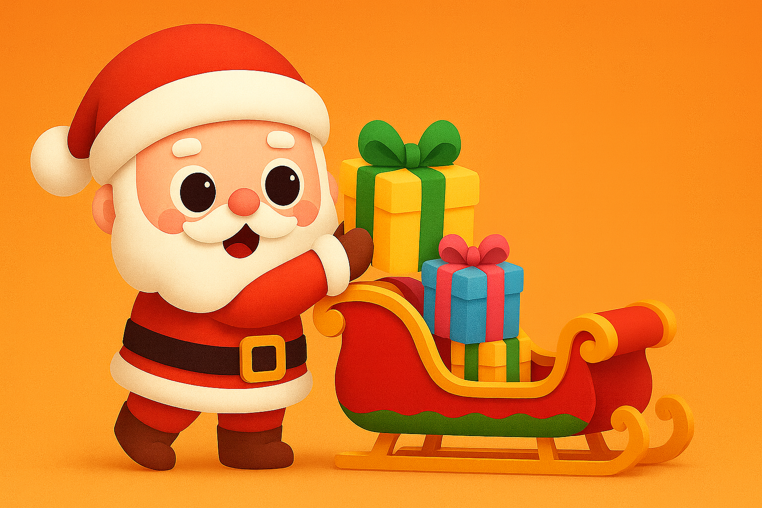 Papai Noel ao lado de um trenó com presentes, em animação com estética de massinha.