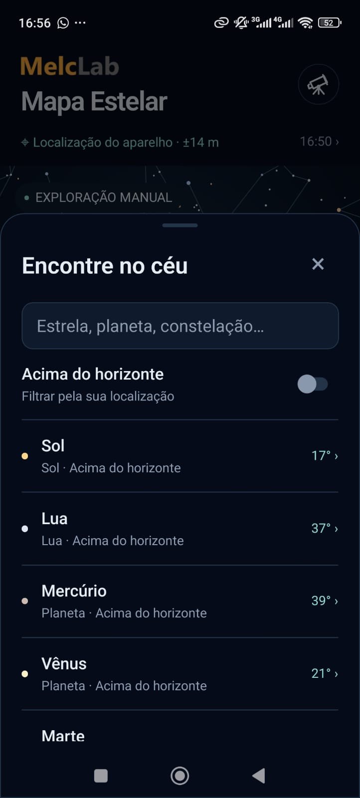 Busca por estrelas, planetas e constelações visíveis no céu.