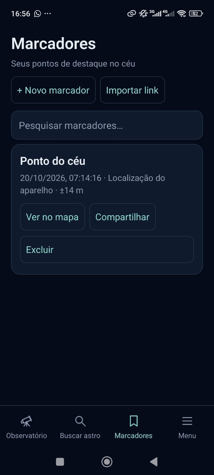 Lista de marcadores para salvar e compartilhar pontos do céu.
