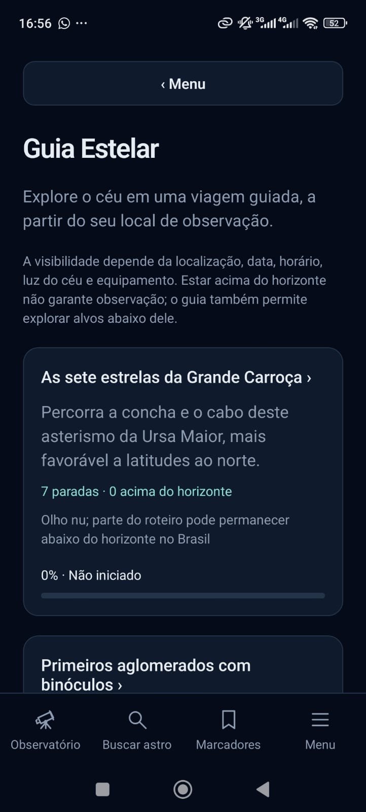 Guias estelares com roteiros, paradas e progresso salvo.